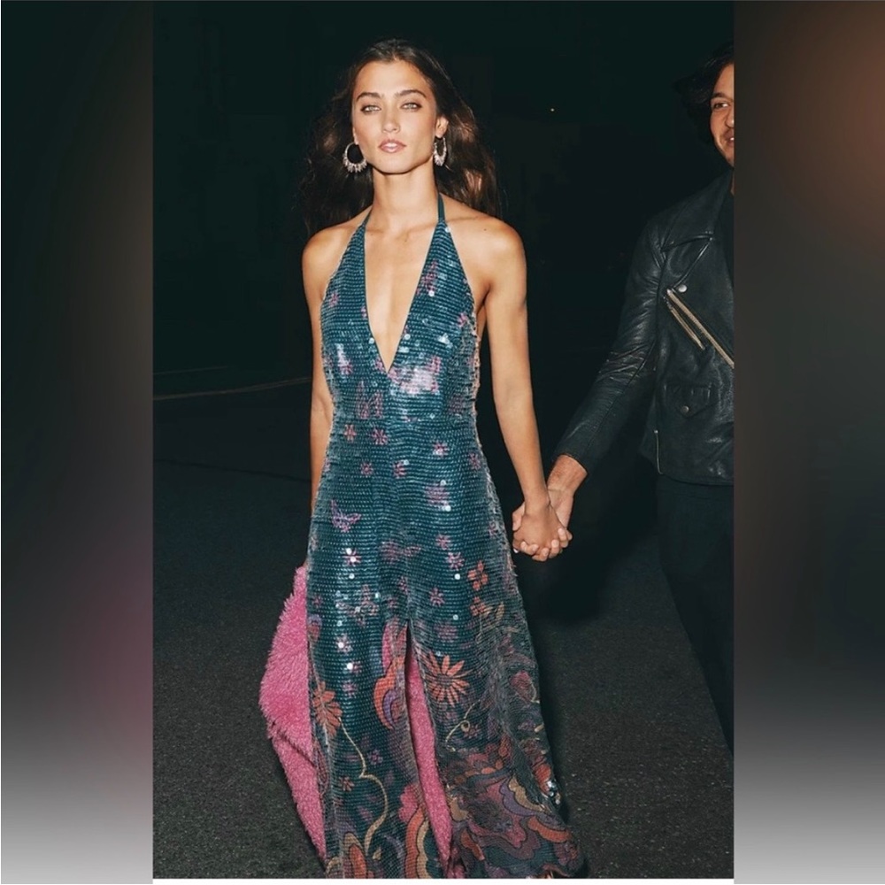 Free people So Fine Sequin Jumpsuit/Dress halter, wide leg sz M